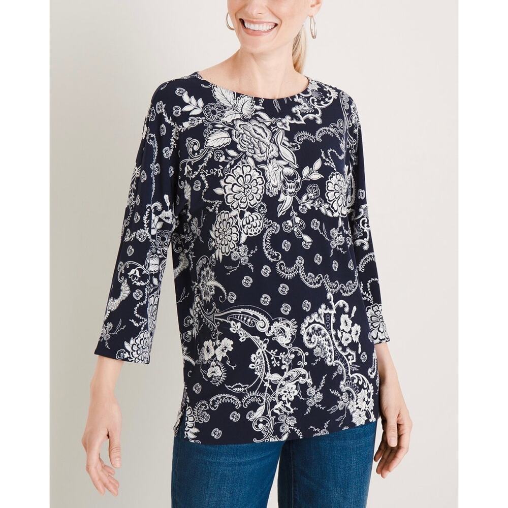 Chico's Navy and White Floral Paisley 3/4 Sleeve Top